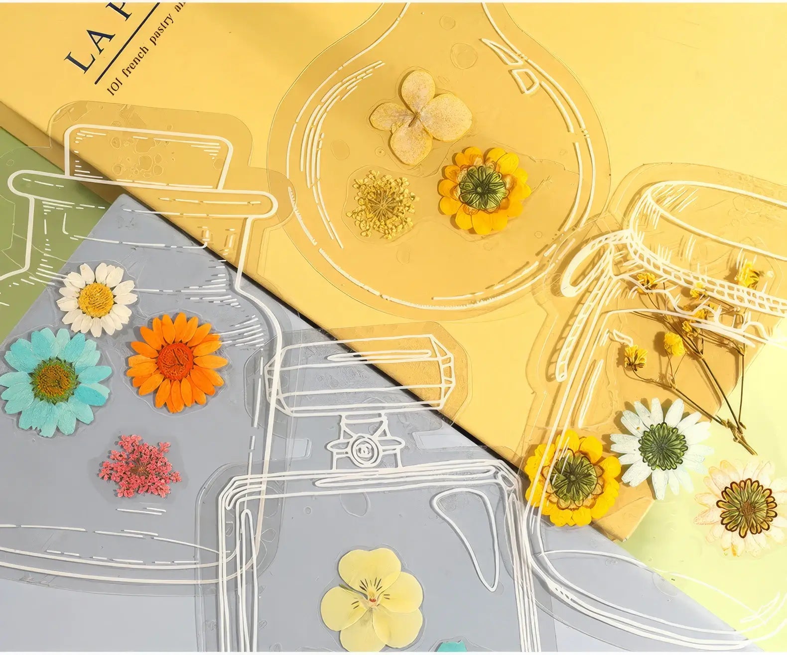 Transparent bookmark with jar shapes, filled with pressed flowers, on yellow background, featuring floral design
