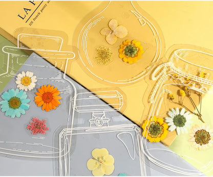Transparent bookmark with jar shapes, filled with pressed flowers, on yellow background, featuring floral design
