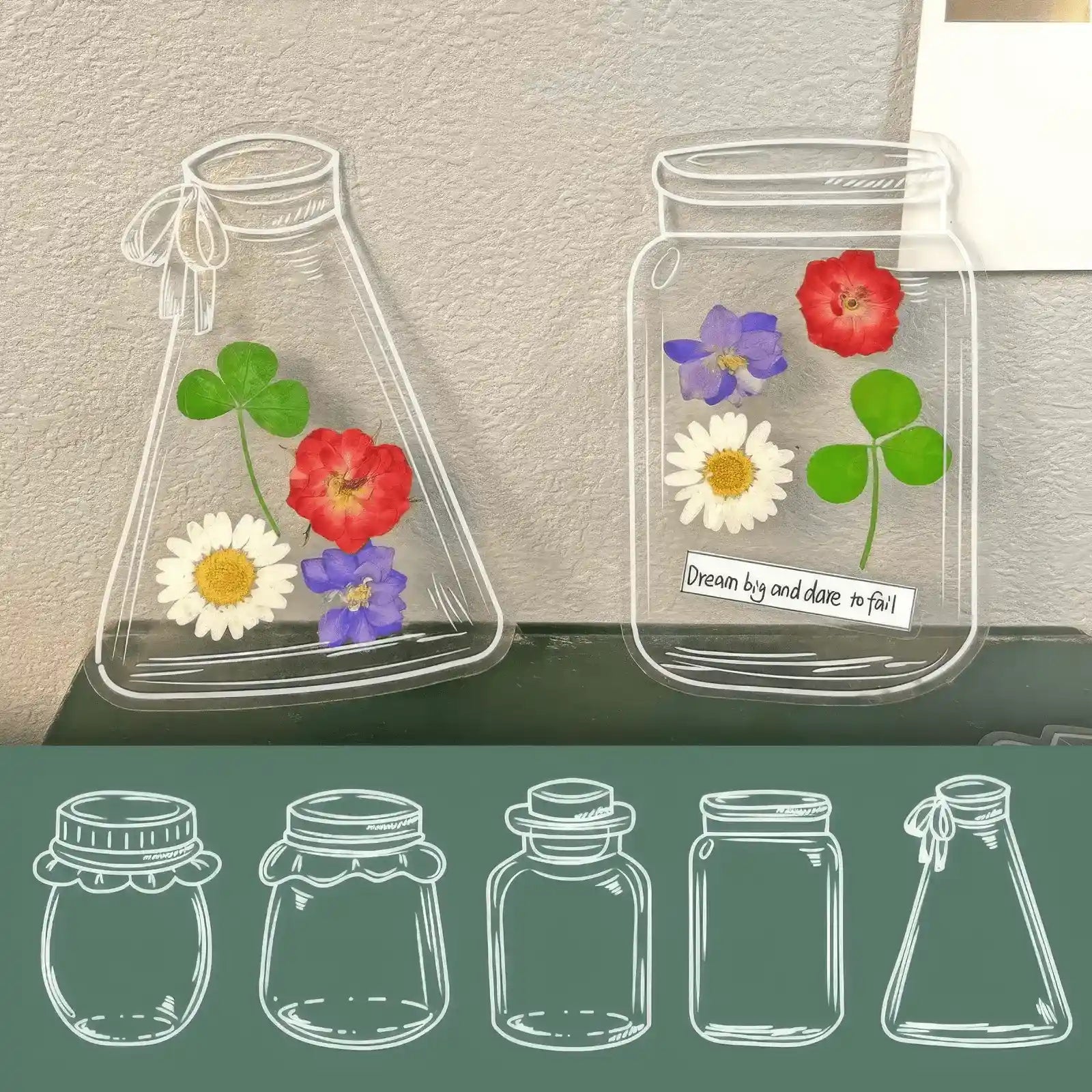 Transparent bookmark with jar shapes, filled with pressed flowers, on yellow background