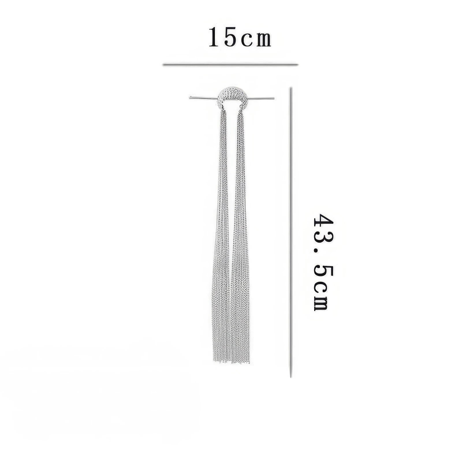 Diagram of extra - long tassel hairpin with size 标注 (15cm and 43.5cm)