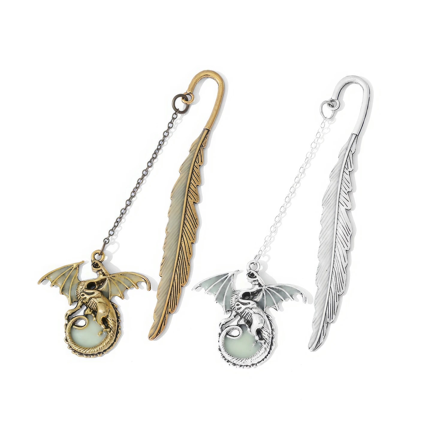 Set of feather four - winged dragon glow - in - the - dark bookmarks, displayed on white background