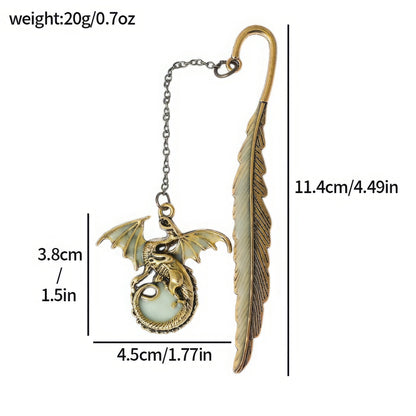 Feather four - winged dragon glow - in - the - dark bookmark with size and weight specs, isolated on white