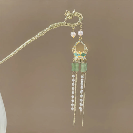Fengzan Lighthouse Brilliance hairpin 4 with silver rod, purple beads, and purple tassel, light brown background