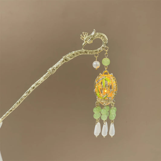 Fengzan silver lantern hairpin with green bead design, beige background