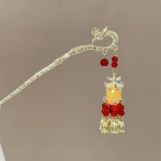 Fengzan silver lantern hairpin with red bead design, beige background