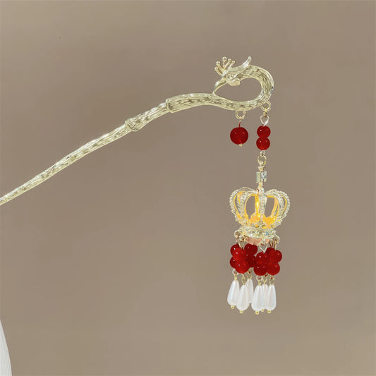 Fengzan silver lantern hairpin with red and white bead design, beige background