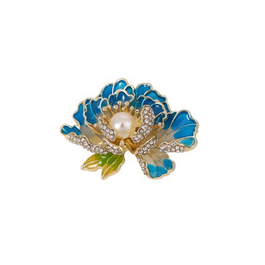First Bloom Brocade brooch, blue flower with pearl, on white background