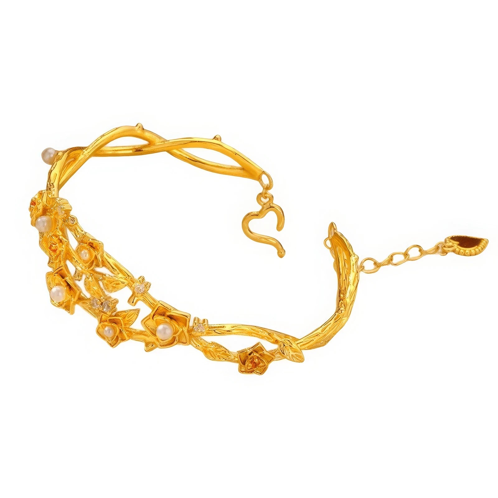 Gold flower bracelet, isolated on white background, showcasing delicate design