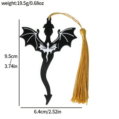 Black four - winged dragon metal bookmark with golden tassel, showing size/weight specs