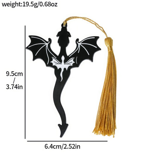 Black four - winged dragon metal bookmark with golden tassel, showing size/weight specs