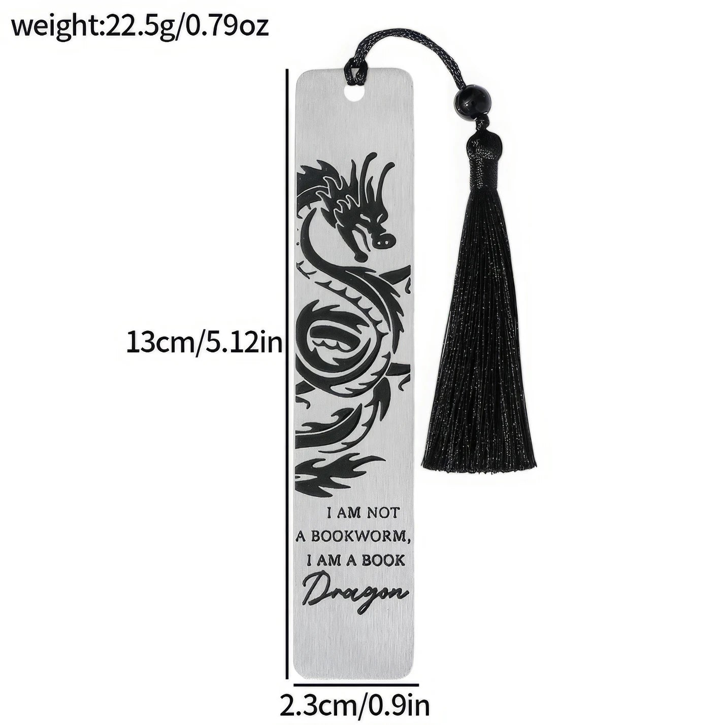 Black four - winged dragon metal bookmark with black tassel, showing size/weight specs