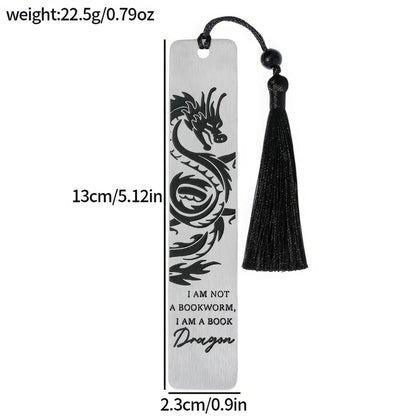 Black four - winged dragon metal bookmark with black tassel, showing size/weight specs