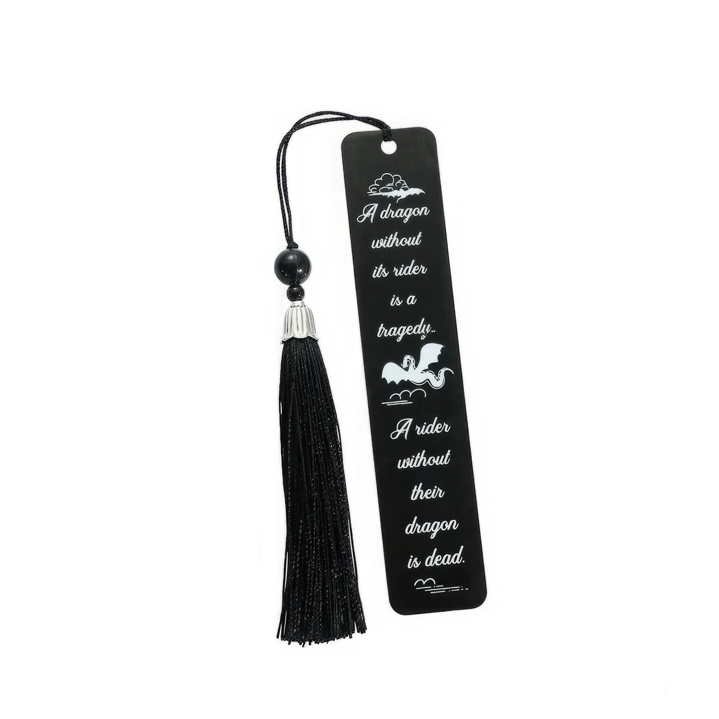 Set of black four - winged dragon metal bookmarks with tassels, showing size/weight specs