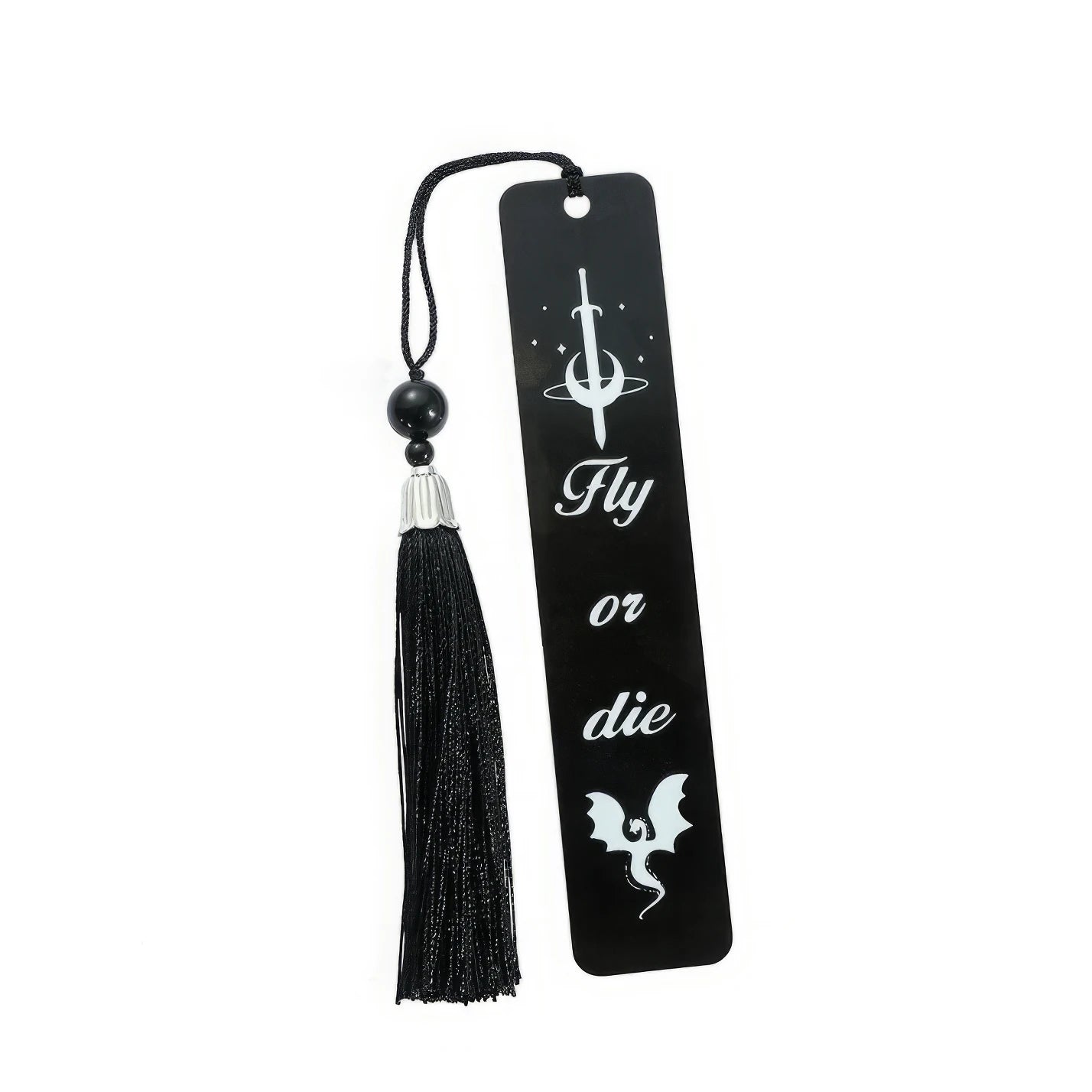 Set of black four - winged dragon metal bookmarks with tassels, isolated on white