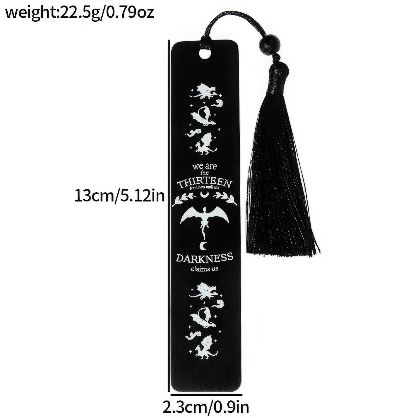 Set of black four - winged dragon metal bookmarks with tassels, showing size/weight specs
