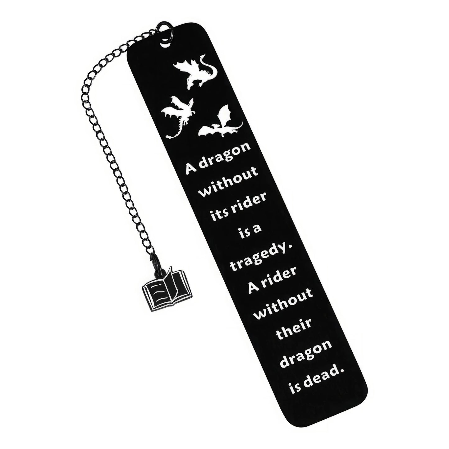 Black four - winged dragon metal bookmark with charm, isolated on white