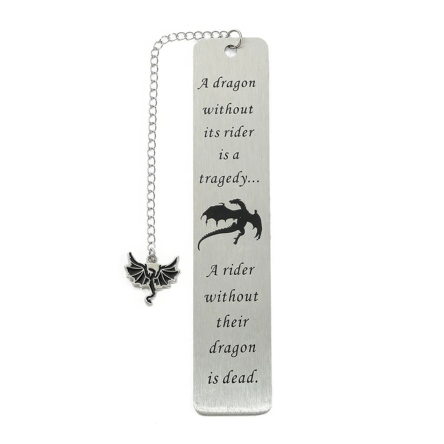 Silver four - winged dragon metal bookmark with charm, isolated on white