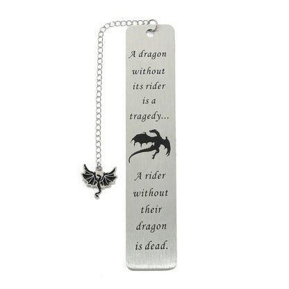 Silver four - winged dragon metal bookmark with charm, isolated on white