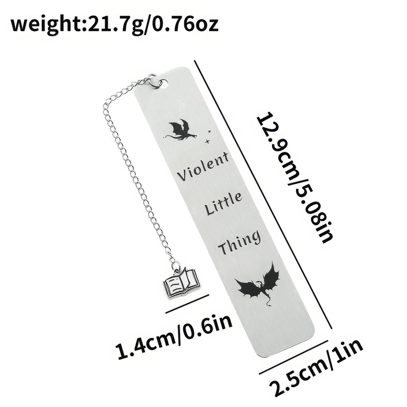 Silver four - winged dragon metal bookmark with charm, showing size/weight specs