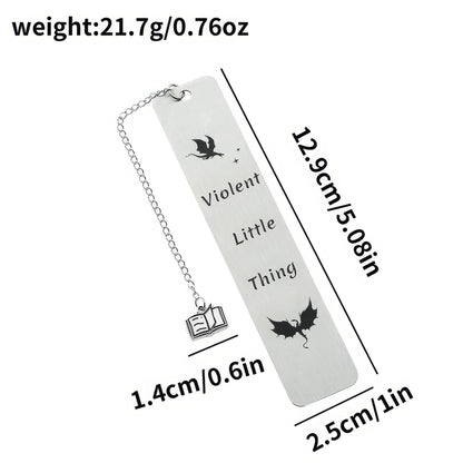 Silver four - winged dragon metal bookmark with charm, showing size/weight specs