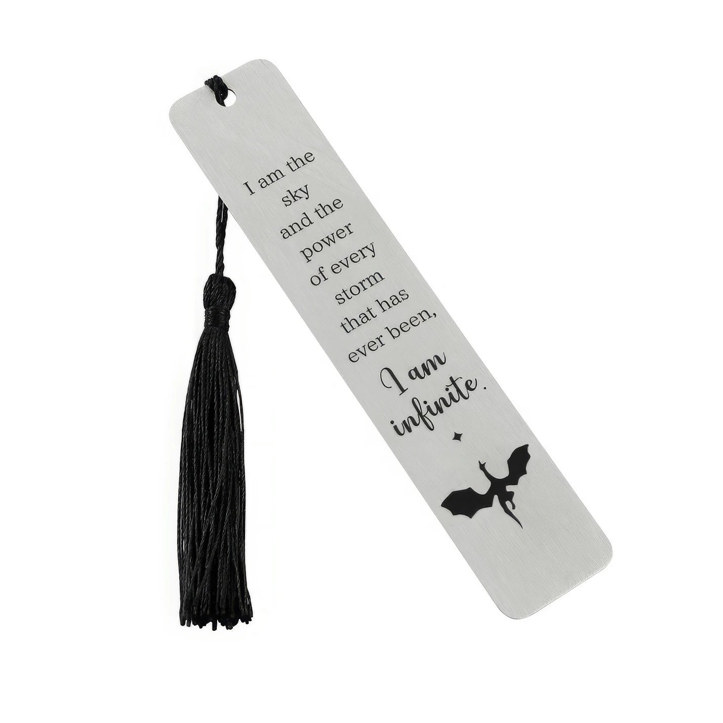 Silver four - winged dragon metal bookmark with black tassel, isolated on white