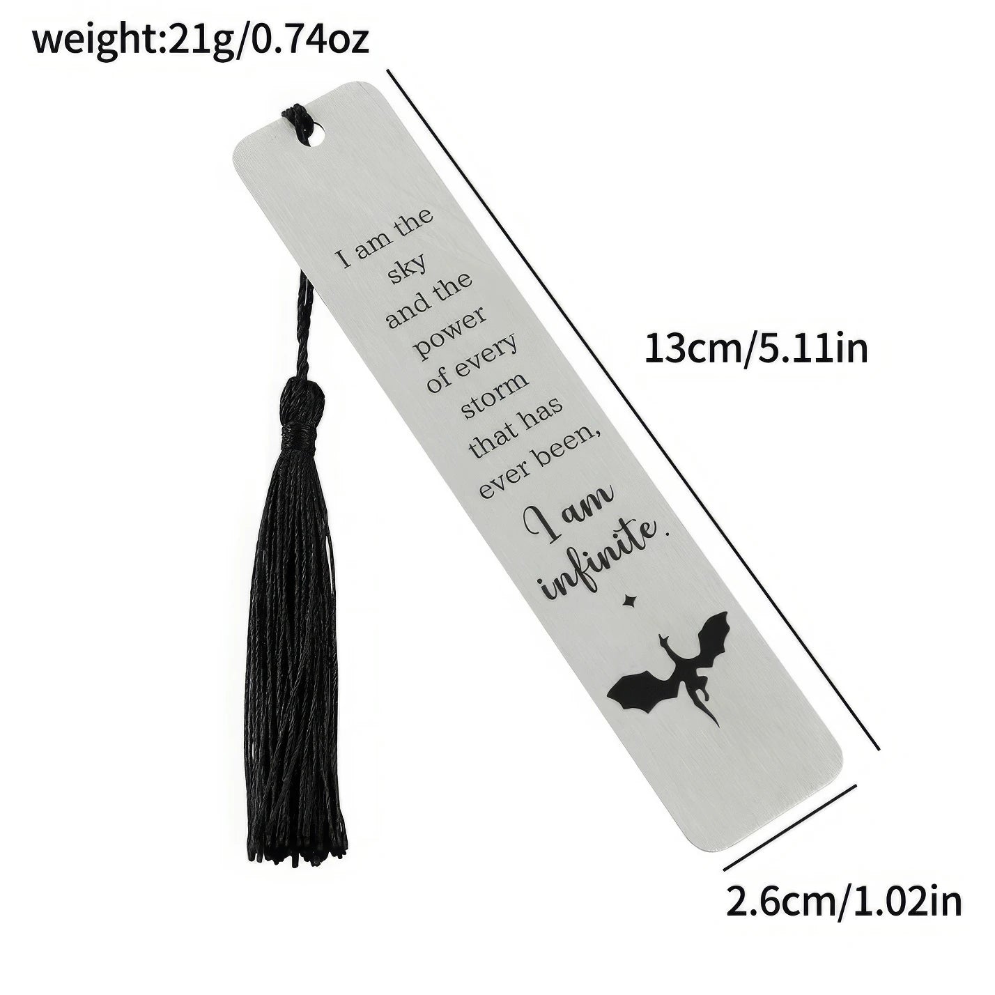 Silver four - winged dragon metal bookmark with black tassel, showing size/weight specs