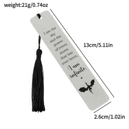 Silver four - winged dragon metal bookmark with black tassel, showing size/weight specs