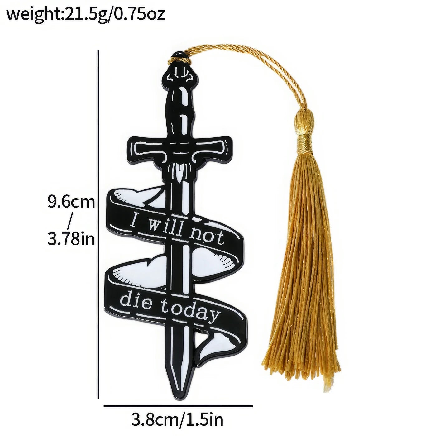 Silver four - winged dragon metal bookmark with golden tassel, showing size/weight specs