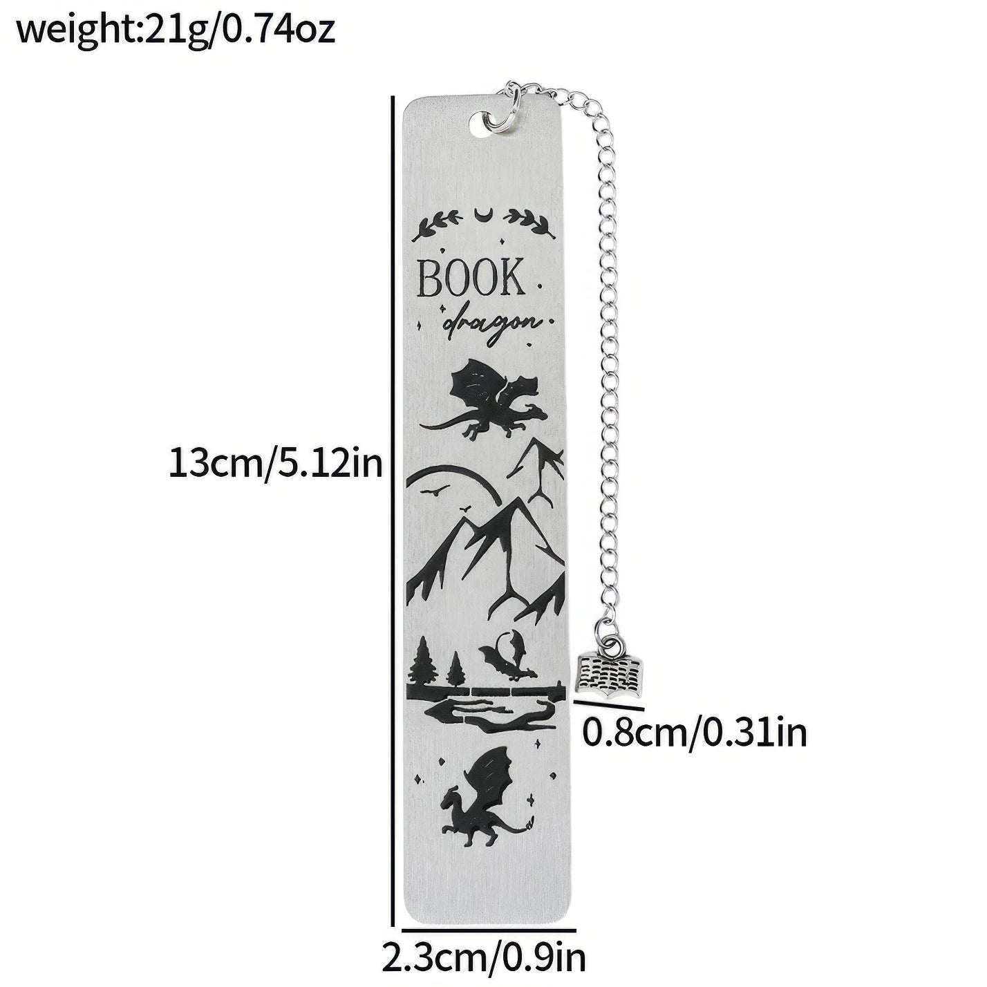 Silver four - winged dragon metal bookmark with charm, showing size/weight specs