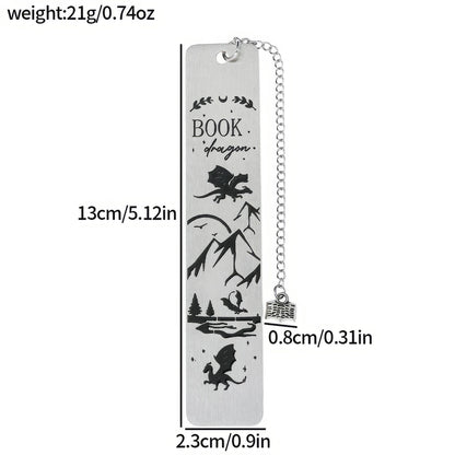 Silver four - winged dragon metal bookmark with charm, showing size/weight specs