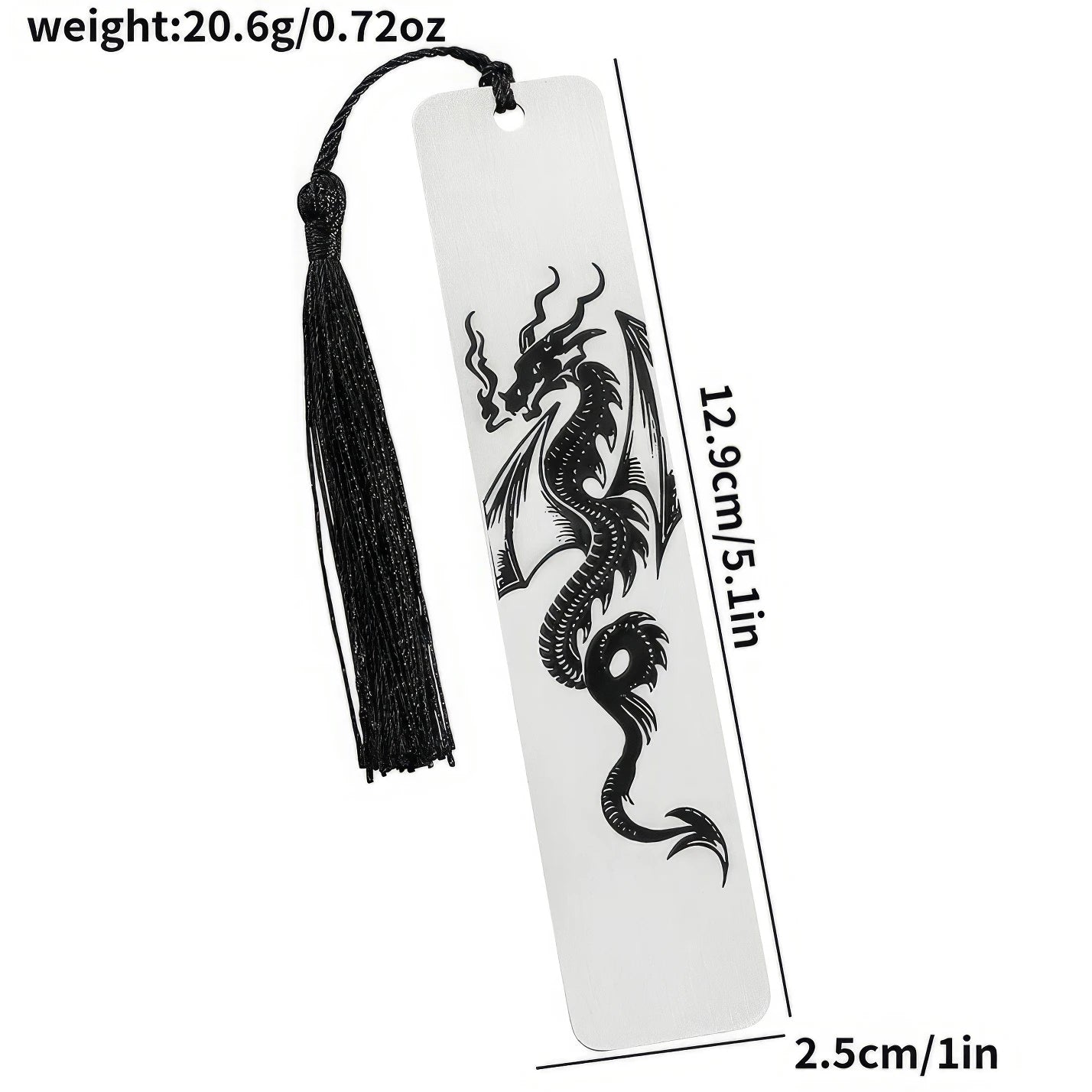 White four - winged dragon metal bookmark with black tassel, showing size/weight specs