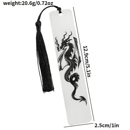 White four - winged dragon metal bookmark with black tassel, showing size/weight specs
