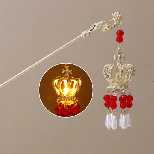 Futu Huadeng hairpin, gold rod, red beads, white pendants, small lit yellow lantern inset, beige background