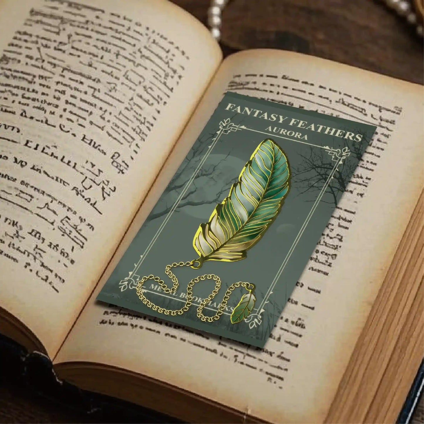 Gold - edged feather bookmark on a piece of paper, vintage and artistic style, 4:3 ratio