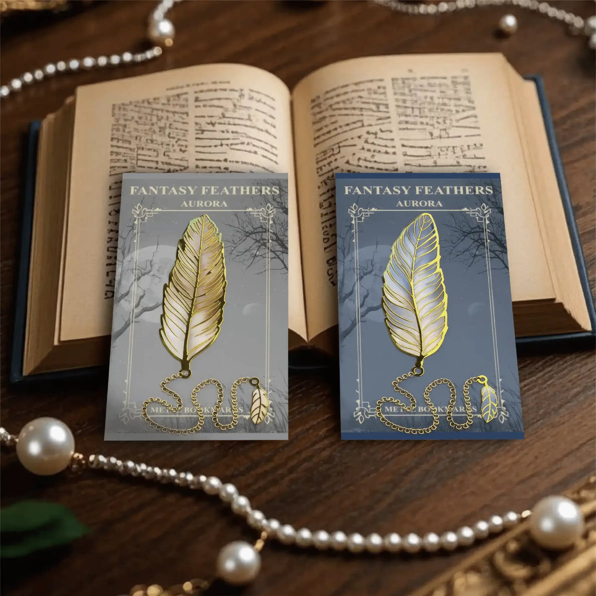 A hand holding a gold - edged feather bookmark, vintage and artistic style, 4:3 ratio