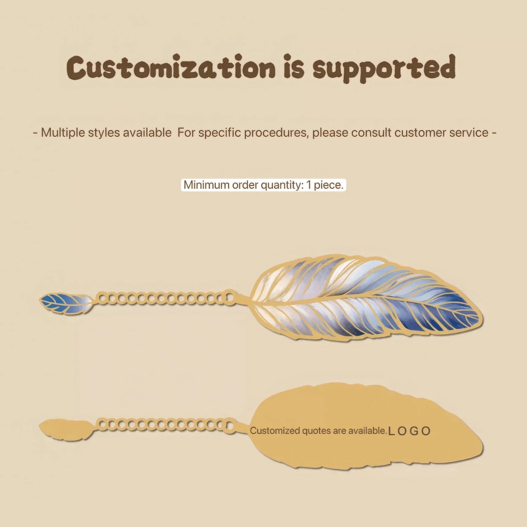 Gold - edged feather bookmark displayed with multiple elements like books and pearls, vintage and artistic style, 4:3 ratio