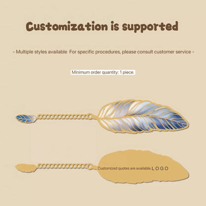 Gold - edged feather bookmark displayed with multiple elements like books and pearls, vintage and artistic style, 4:3 ratio