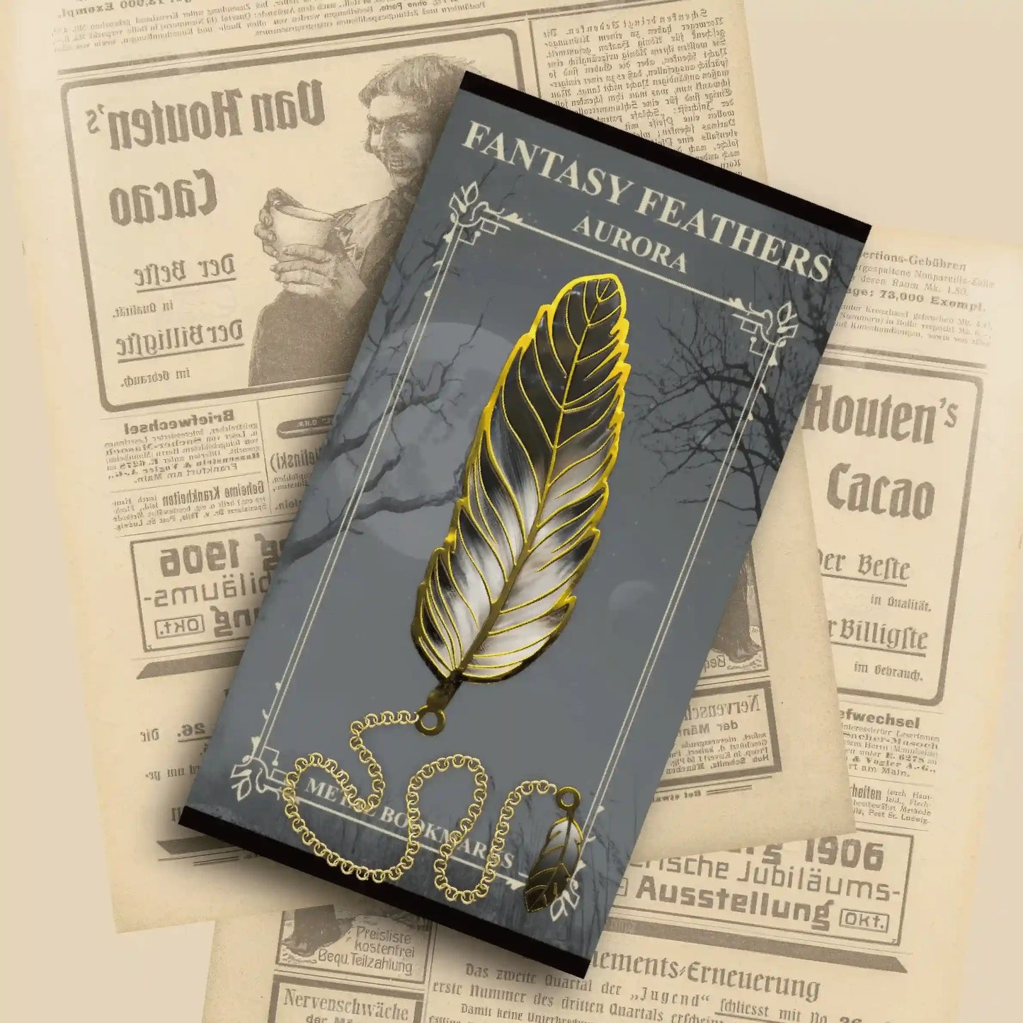 Gold - edged feather bookmark with pearls as decoration, vintage and artistic style, 4:3 ratio