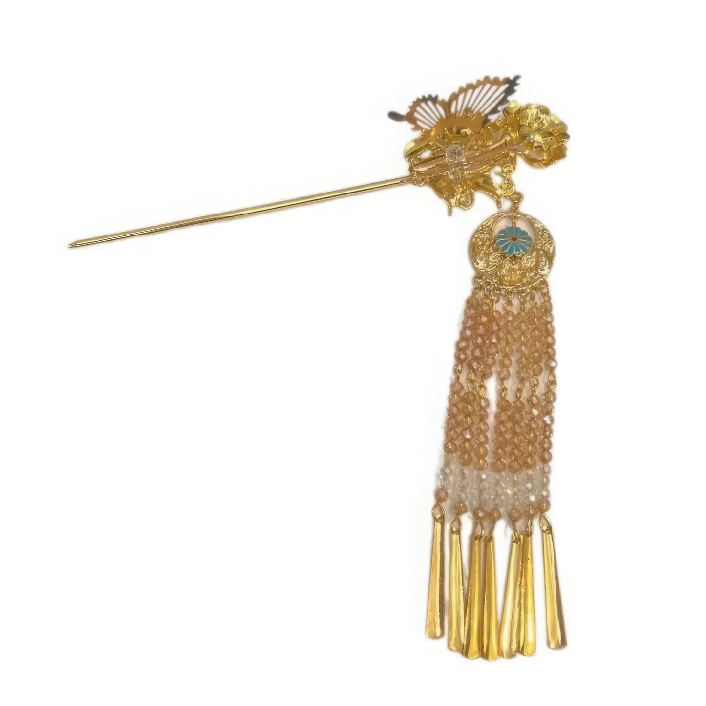 Single golden butterfly-peony tassel hairpin, showcasing floral and butterfly design