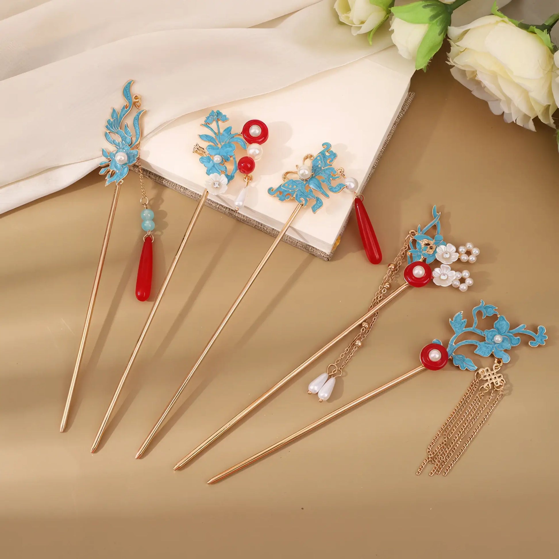 Set of Hongqingmi hairpins with blue butterflies and red accents
