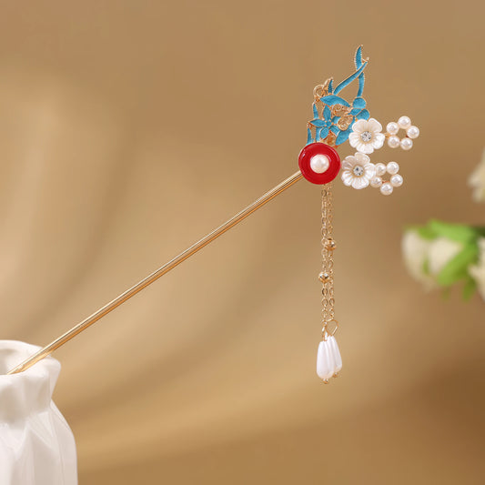 Huashaoye hairpin of mini blue flower and red pearl style