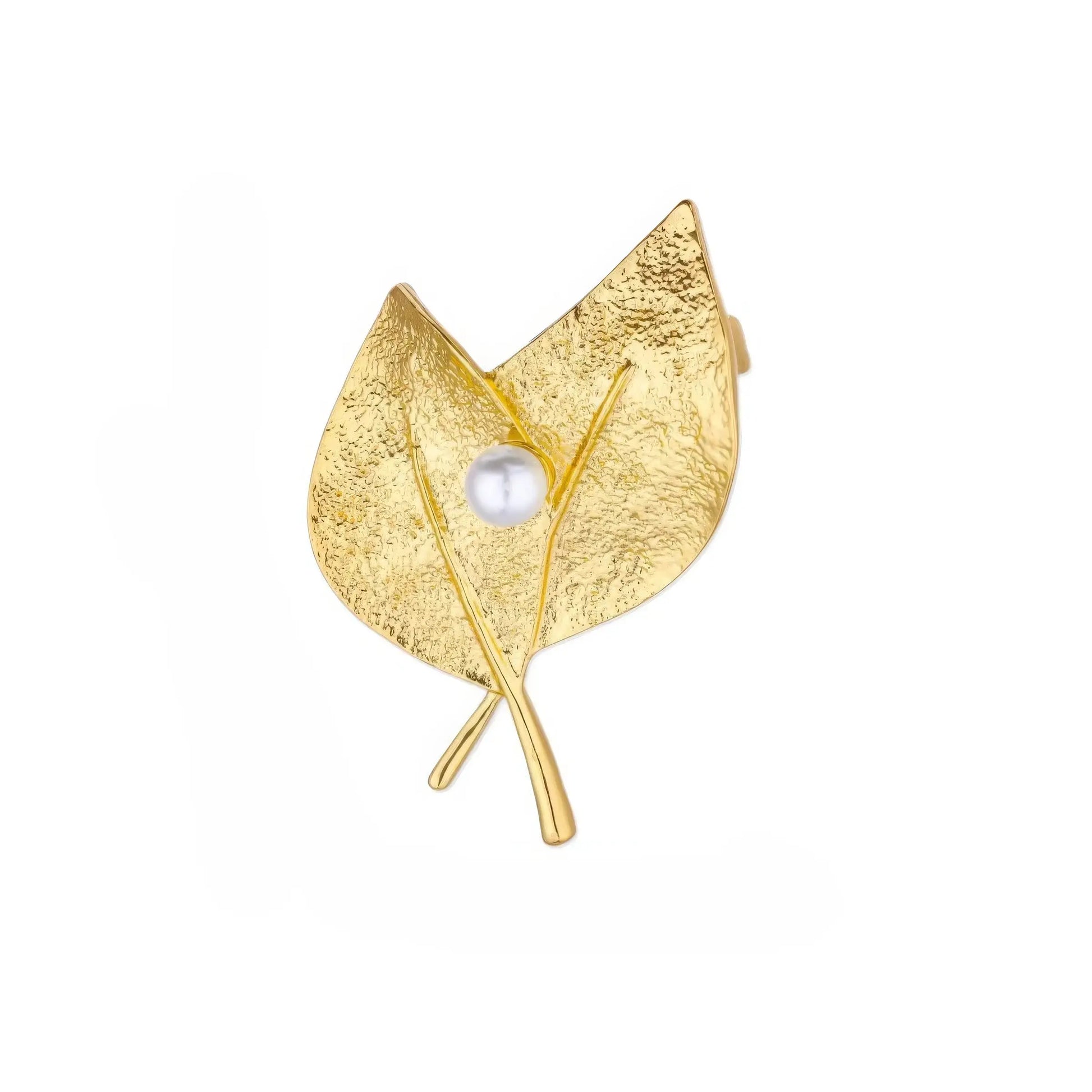 Gold leaf - shaped brooch with pearl, isolated on white background, clear details