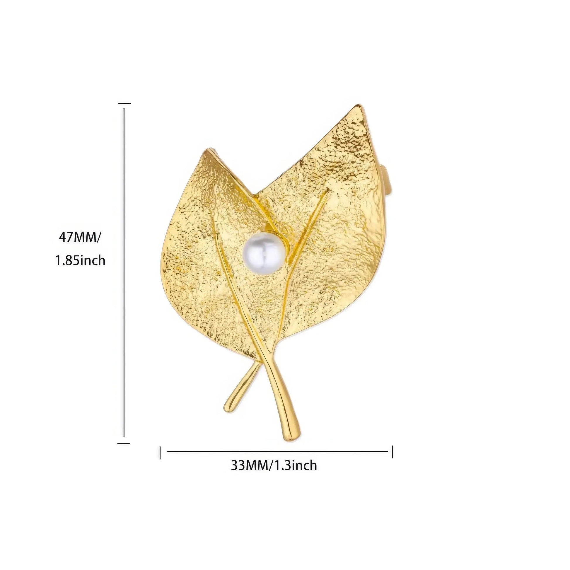 Gold leaf - shaped brooch with pearl, with size specifications (47mm x 55mm), isolated on white