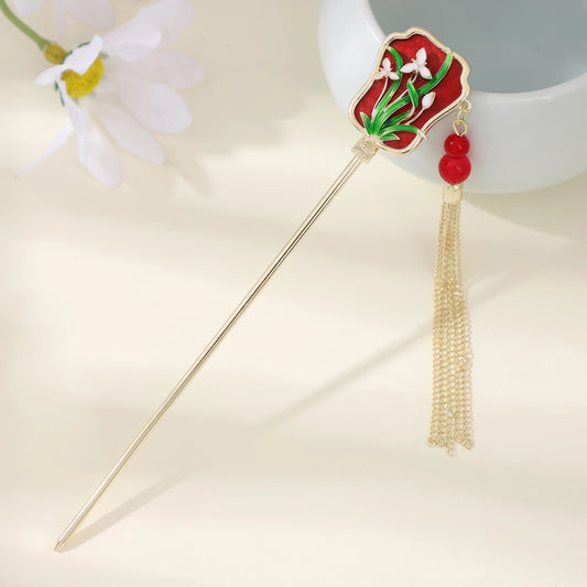 Liuguangji hairpin featuring red floral, bead and gold tassel