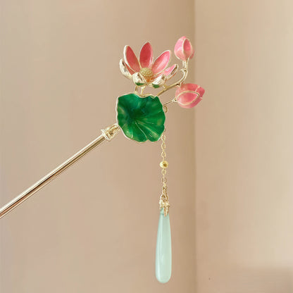 Lotus flower hairpin with green leaf and jade pendant