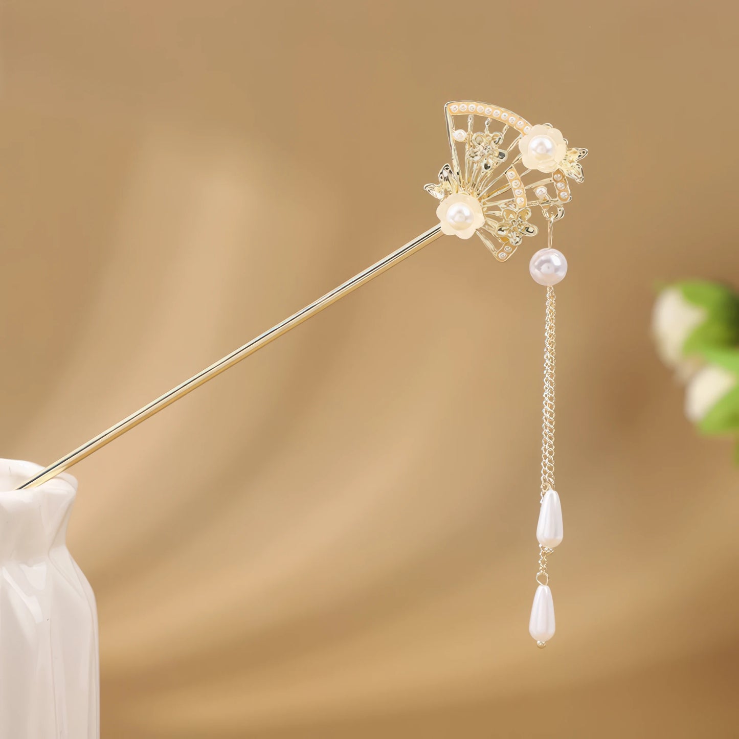 Manzhaocong hairpin with fan shape and double pearl tassel