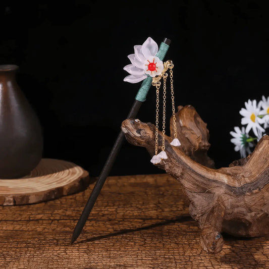 May Lotus hairpin 3 with multi - flower design, dark background with antique ornaments and white flowers