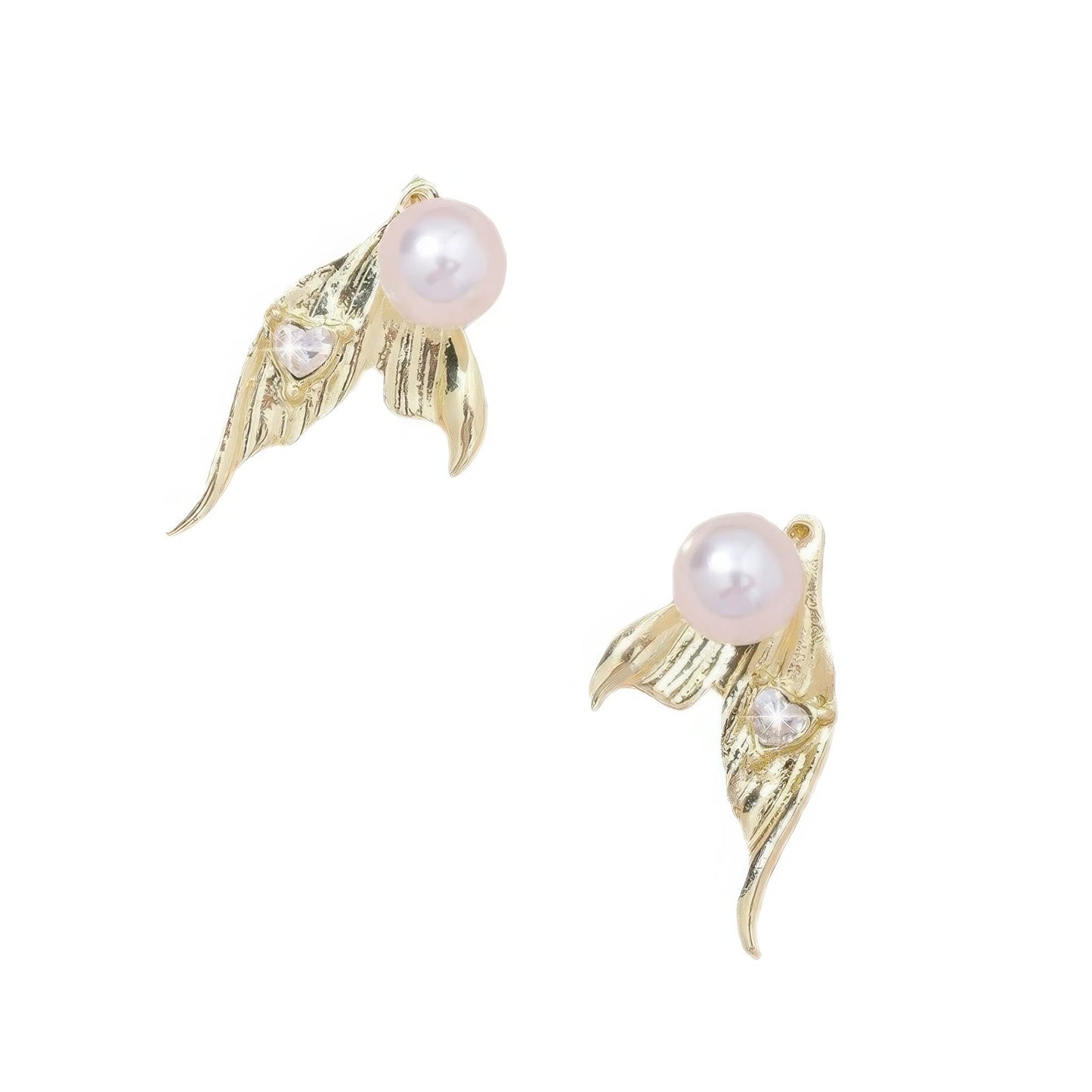 Gold mermaid tail heart diamond pearl earrings, isolated on white background
