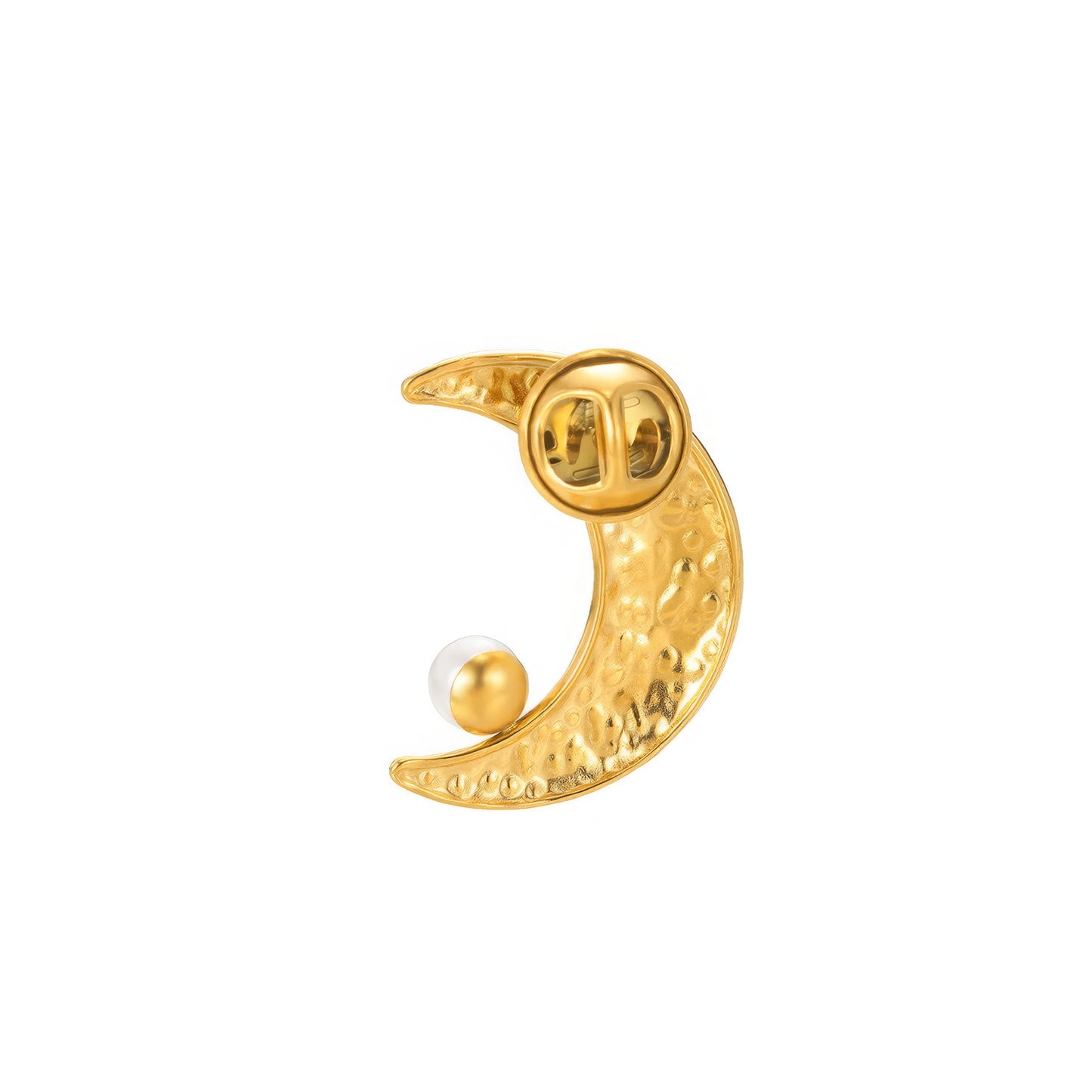 Back view of gold moon - shaped brooch with pearls, showcasing pin mechanism