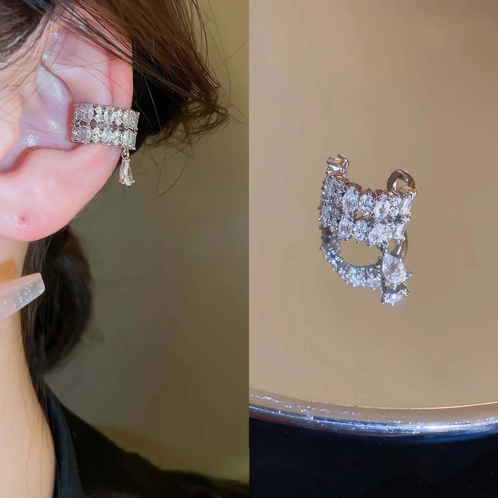 Multi - layer butterfly ear cuffs, set display with ear and close - up views